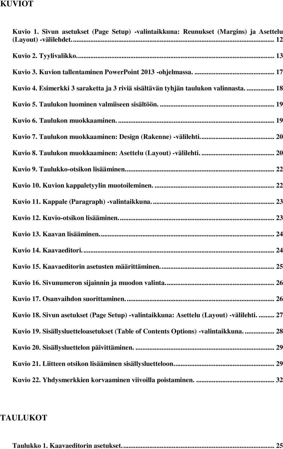 ... 19 Kuvio 6. Taulukon muokkaaminen.... 19 Kuvio 7. Taulukon muokkaaminen: Design (Rakenne) -välilehti.... 20 Kuvio 8. Taulukon muokkaaminen: Asettelu (Layout) -välilehti.... 20 Kuvio 9.