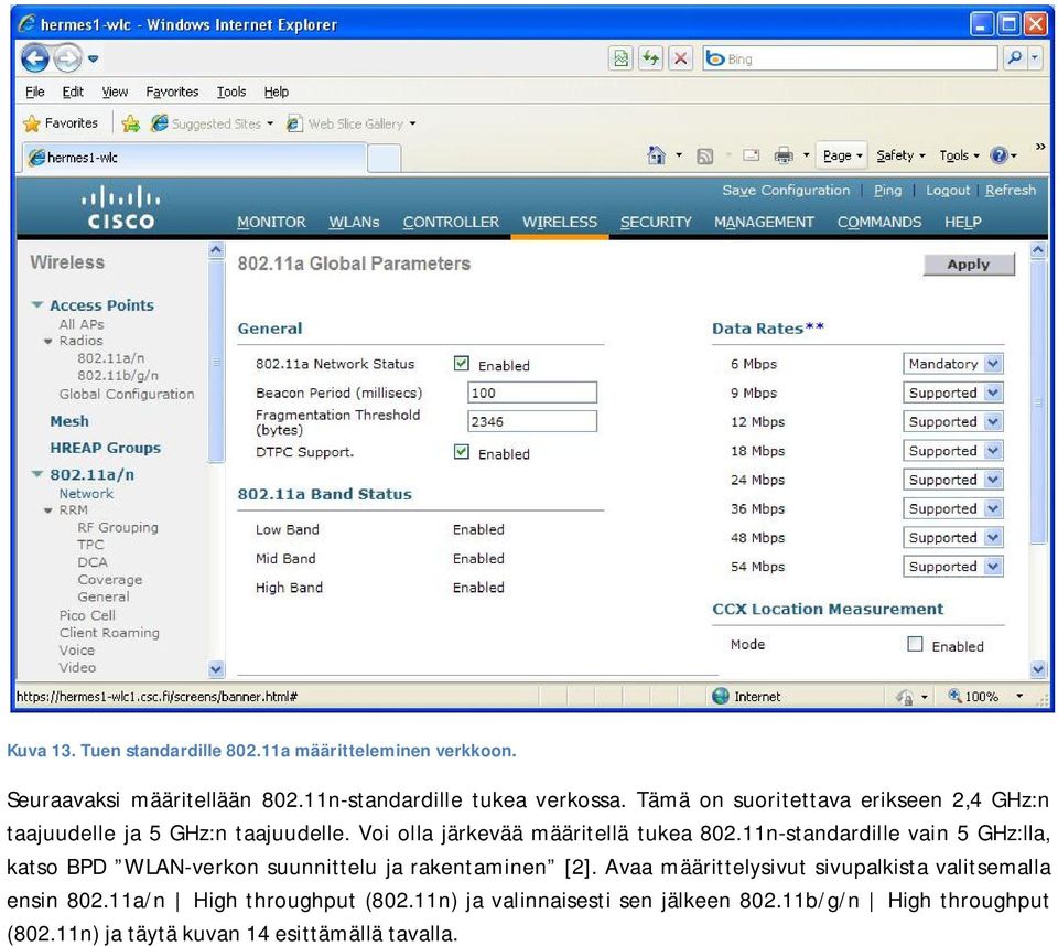 11n-standardille vain 5 GHz:lla, katso BPD WLAN-verkon suunnittelu ja rakentaminen [2].