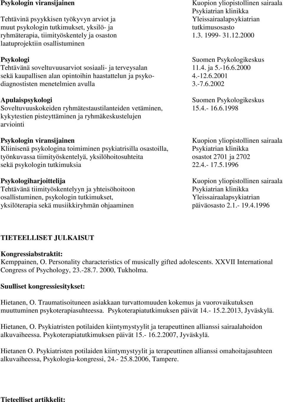 6.2000 sekä kaupallisen alan opintoihin haastattelun ja psyko- 4.-12.6.2001 diagnostisten menetelmien avulla 3.-7.6.2002 Apulaispsykologi Suomen Psykologikeskus Soveltuvuuskokeiden ryhmätestaustilanteiden vetäminen, 15.