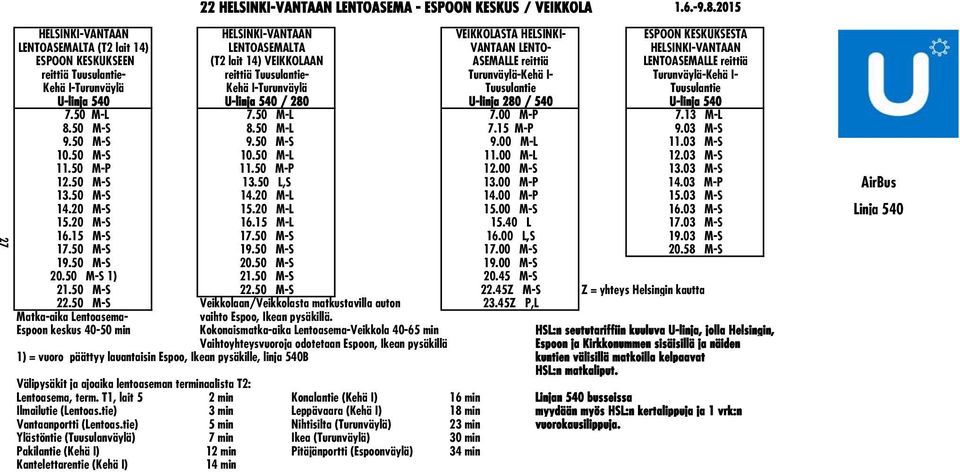 ASEMALLE reittiä LENTOASEMALLE reittiä reittiä Tuusulantie- reittiä Tuusulantie- Turunväylä-Kehä I- Turunväylä-Kehä I- Kehä I-Turunväylä Kehä I-Turunväylä Tuusulantie Tuusulantie U-linja 540 U-linja