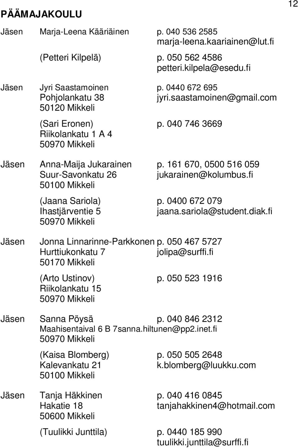 161 670, 0500 516 059 Suur-Savonkatu 26 jukarainen@kolumbus.fi 50100 Mikkeli (Jaana Sariola) p. 0400 672 079 Ihastjärventie 5 jaana.sariola@student.diak.