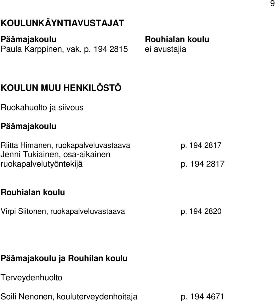 Himanen, ruokapalveluvastaava p. 194 2817 Jenni Tukiainen, osa-aikainen ruokapalvelutyöntekijä p.