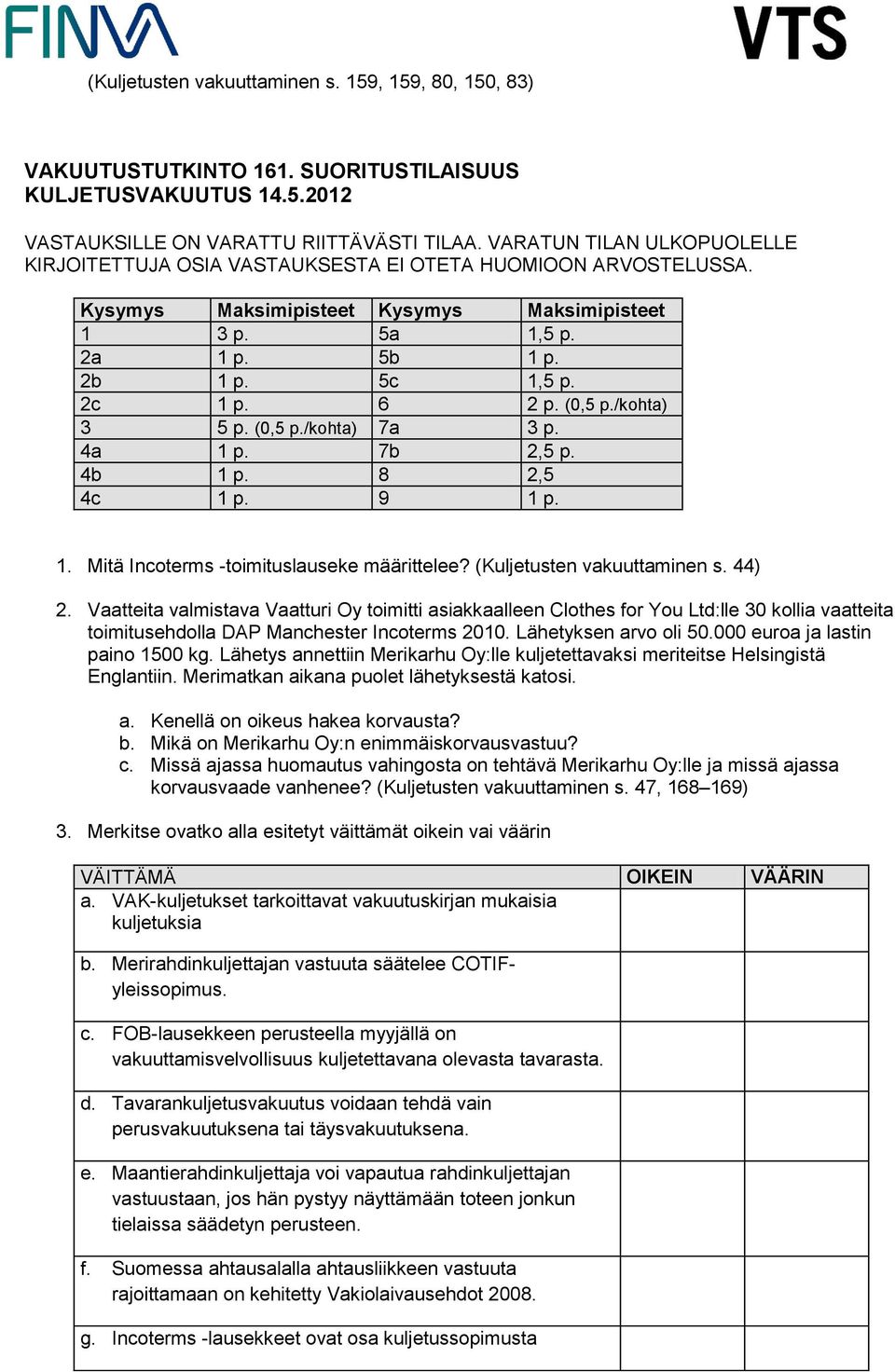 Vaatteita valmistava Vaatturi Oy toimitti asiakkaalleen Clothes for You Ltd:lle 30 kollia vaatteita toimitusehdolla DAP Manchester Incoterms 2010. Lähetyksen arvo oli 50.