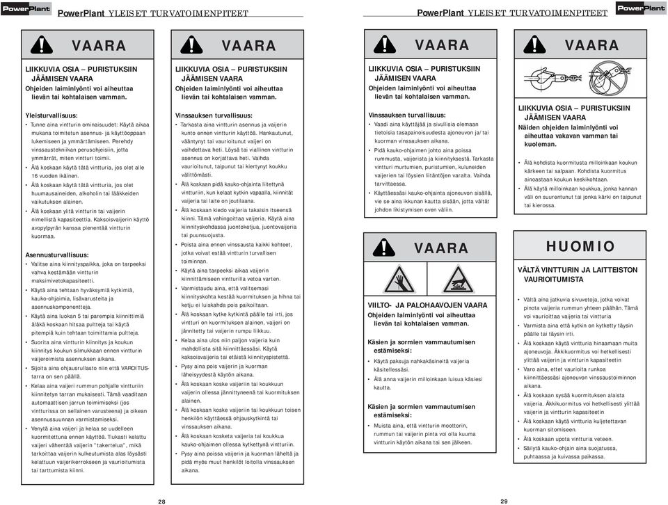 LIIKKUVIA OSIA PURISTUKSIIN JÄÄMISEN VAARA Ohjeiden laiminlyönti voi aiheuttaa lievän tai kohtalaisen vamman.