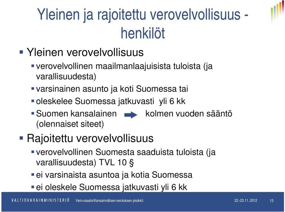 Rajoitettu verovelvollisuus kolmen vuoden sääntö verovelvollinen Suomesta saaduista tuloista (ja varallisuudesta) TVL 10 ei