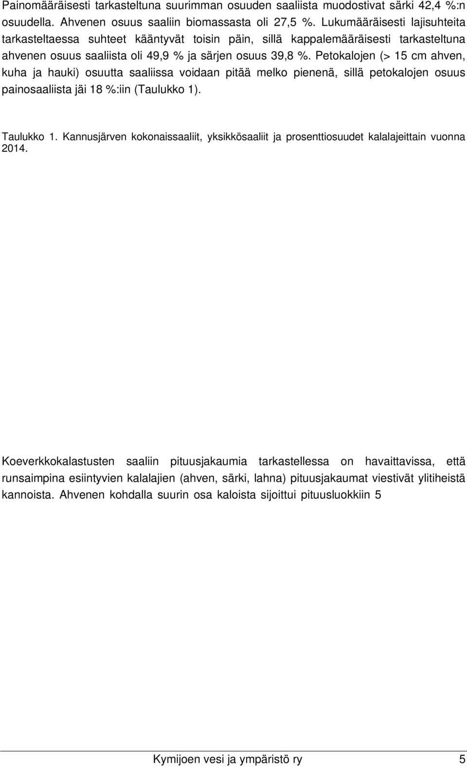 Petokalojen (> 15 cm ahven, kuha ja hauki) osuutta saaliissa voidaan pitää melko pienenä, sillä petokalojen osuus painosaaliista jäi 18 %:iin (Taulukko 1). Taulukko 1.