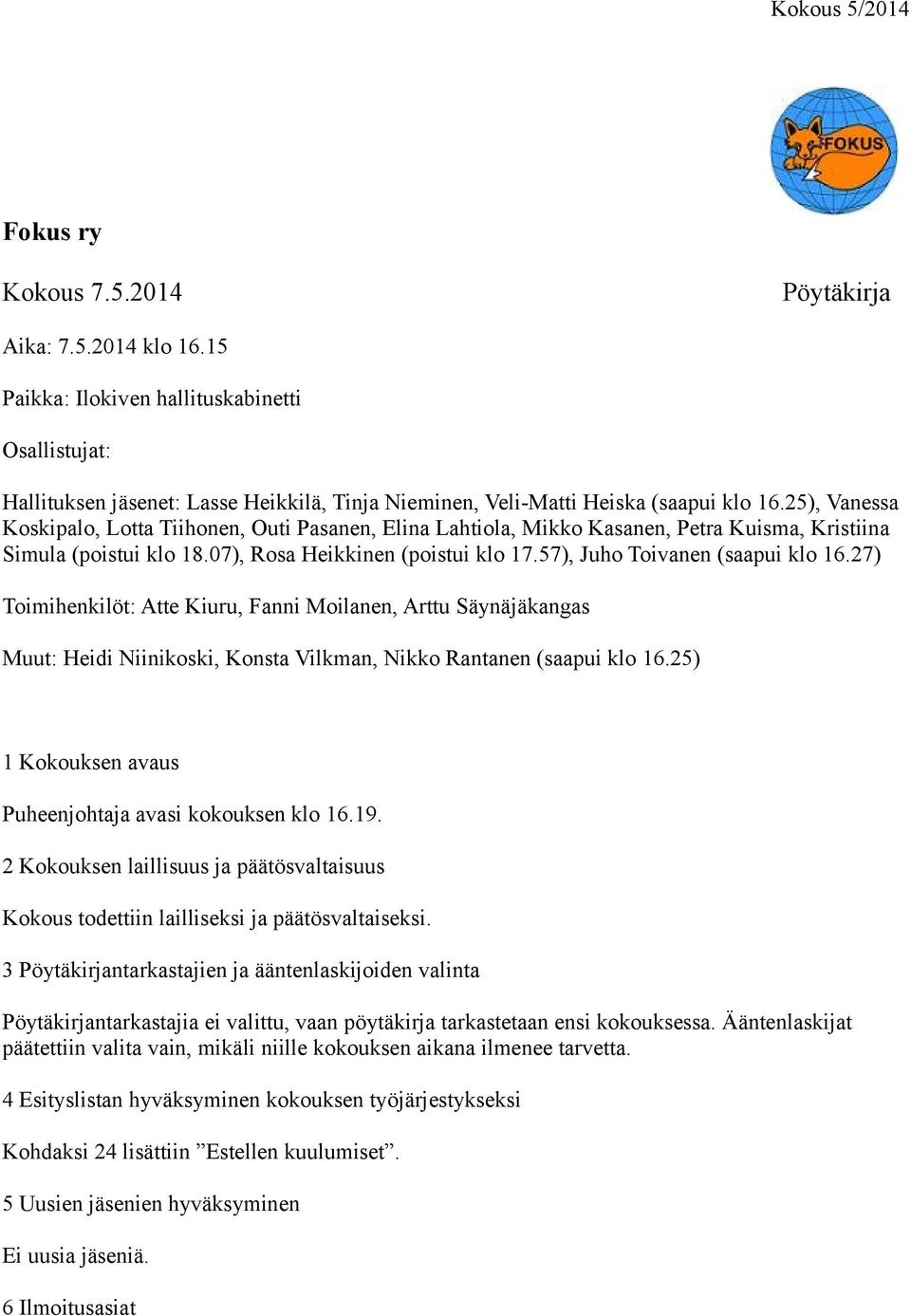 57), Juho Toivanen (saapui klo 16.27) Toimihenkilöt: Atte Kiuru, Fanni Moilanen, Arttu Säynäjäkangas Muut: Heidi Niinikoski, Konsta Vilkman, Nikko Rantanen (saapui klo 16.