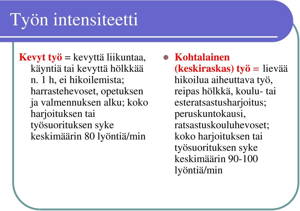 syke keskimäärin 80 lyöntiä/min Kohtalainen (keskiraskas) työ = lievää hikoilua aiheuttava työ, reipas hölkkä,