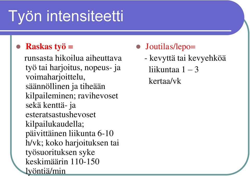 esteratsastushevoset kilpailukaudella; päivittäinen liikunta 6-10 h/vk; koko harjoituksen tai