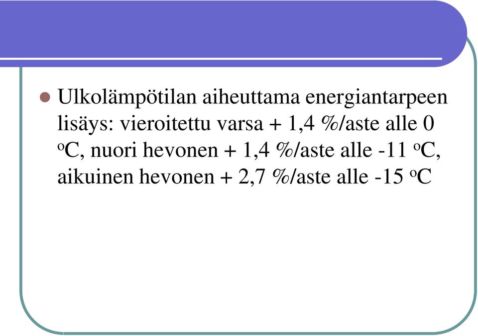 0 o C, nuori hevonen + 1,4 %/aste alle -11