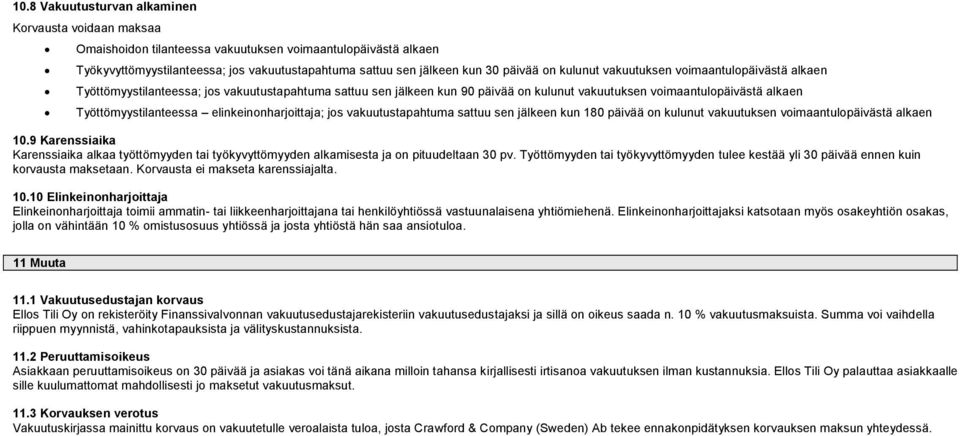 elinkeinonharjoittaja; jos vakuutustapahtuma sattuu sen jälkeen kun 180 päivää on kulunut vakuutuksen voimaantulopäivästä alkaen 10.