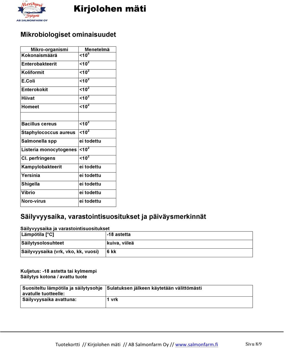 perfringens <10 2 Kampylobakteerit Yersinia Shigella Vibrio Noro-virus Säilyvyysaika, varastointisuositukset ja päiväysmerkinnät Säilyvyysaika ja varastointisuositukset Lämpötila [ C] -18 astetta