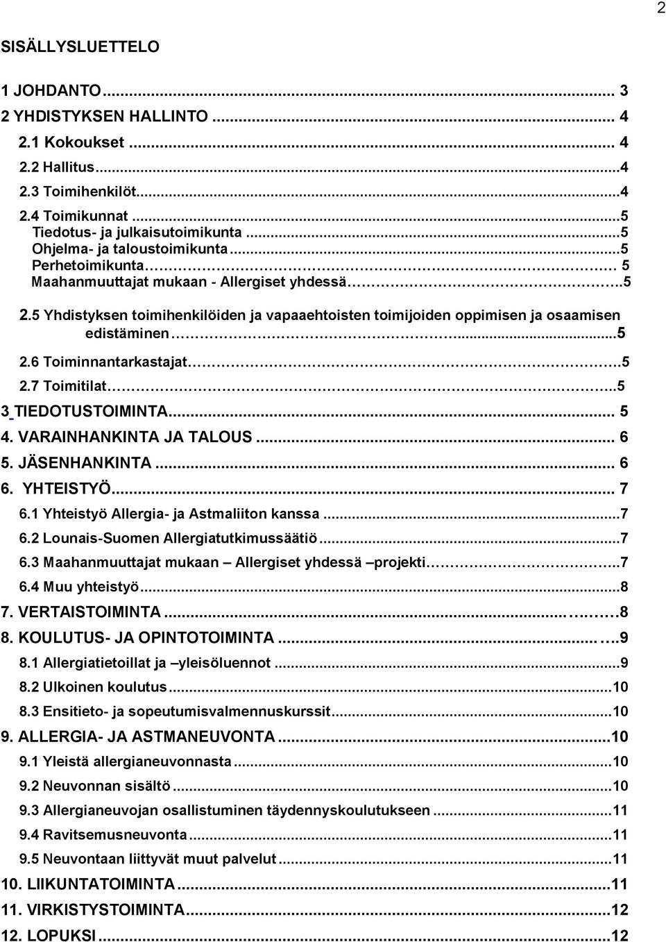 ..5 2.6 Toiminnantarkastajat.5 2.7 Toimitilat..5 3 TIEDOTUSTOIMINTA... 5 4. VARAINHANKINTA JA TALOUS... 6 5. JÄSENHANKINTA... 6 6. YHTEISTYÖ... 7 6.1 Yhteistyö Allergia- ja Astmaliiton kanssa...7 6.2 Lounais-Suomen Allergiatutkimussäätiö.