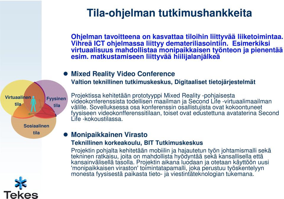 matkustamiseen liittyvää hiilijalanjälkeä Mixed Reality Video Conference Valtion teknillinen tutkimuskeskus, Digitaaliset tietojärjestelmät Projektissa kehitetään prototyyppi Mixed Reality