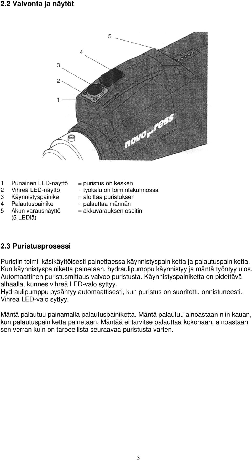 Kun käynnistyspainiketta painetaan, hydraulipumppu käynnistyy ja mäntä työntyy ulos. Automaattinen puristusmittaus valvoo puristusta.