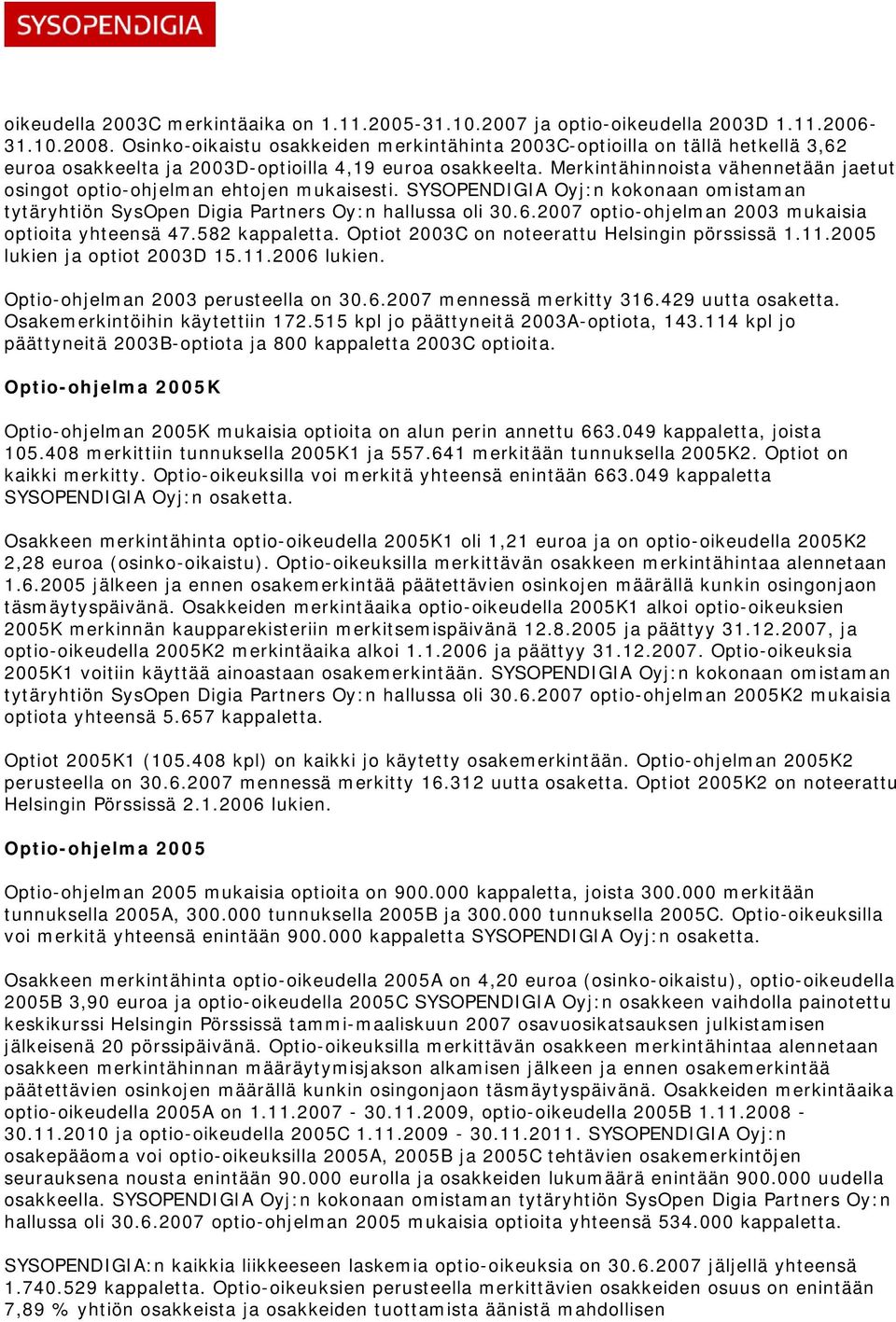 Merkintähinnoista vähennetään jaetut osingot optio-ohjelman ehtojen mukaisesti. SYSOPENDIGIA Oyj:n kokonaan omistaman tytäryhtiön SysOpen Digia Partners Oy:n hallussa oli 30.6.
