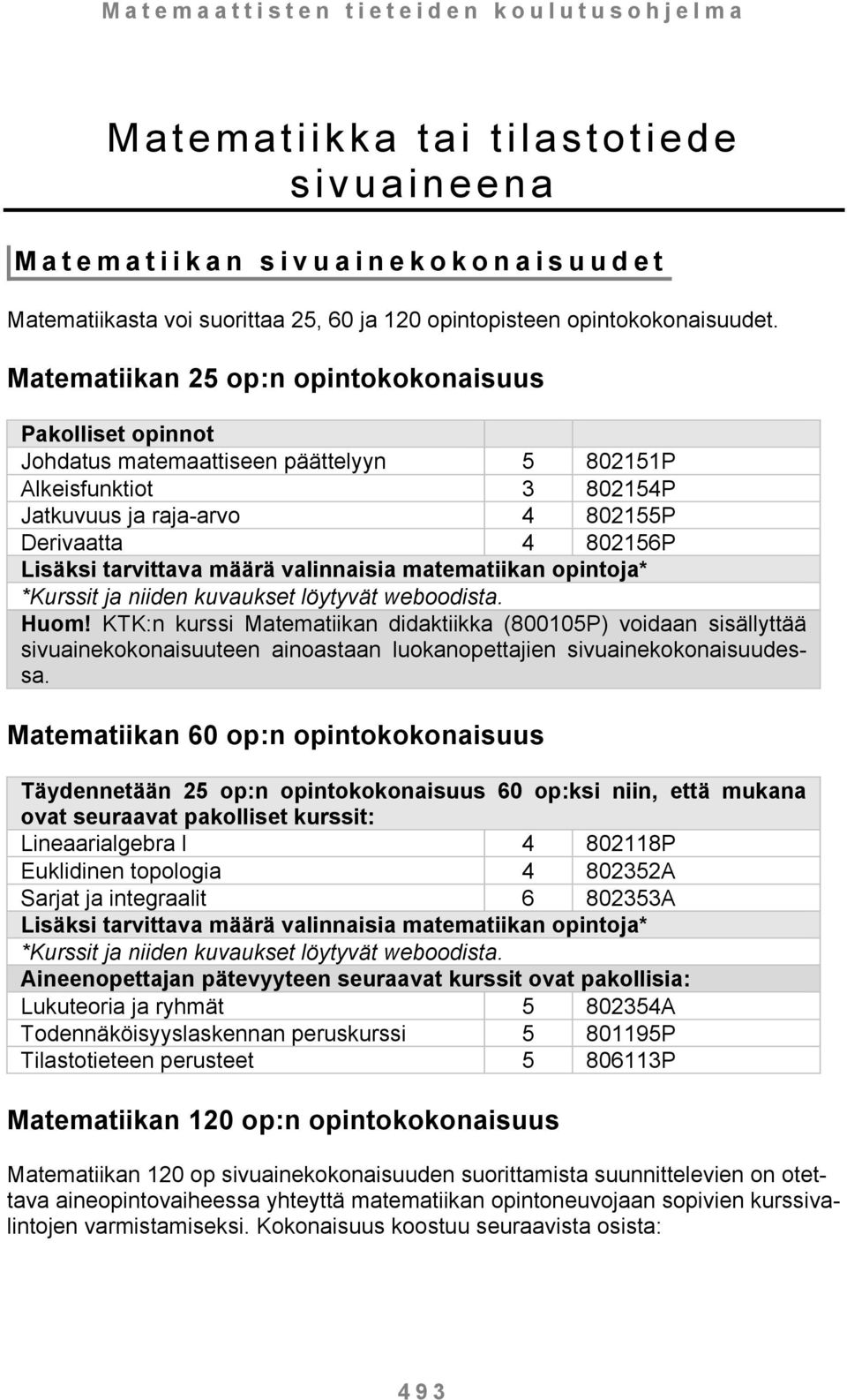 tarvittava määrä valinnaisia matematiikan opintoja* Huom!