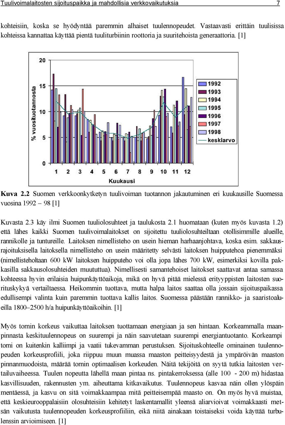 2 Suomen verkkoonkytketyn tuulivoiman tuotannon jakautuminen eri kuukausille Suomessa vuosina 1992 98 [1] Kuvasta 2.3 käy ilmi Suomen tuuliolosuhteet ja taulukosta 2.1 huomataan (kuten myös kuvasta 1.