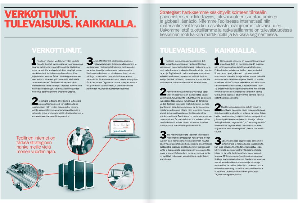 Uskomme, että tuotteillamme ja ratkaisuillamme on tulevaisuudessa keskeinen rooli kaikilla markkinoilla ja kaikissa segmenteissä. VERKOTTUNUT. TULEVAISUUS. KAIKKIALLA.