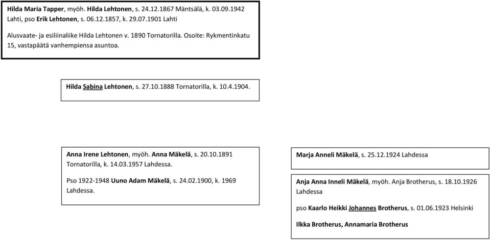 1888 Tornatorilla, k. 10.4.1904. Anna Irene Lehtonen, myöh. Anna Mäkelä, s. 20.10.1891 Tornatorilla, k. 14.03.1957 Lahdessa. Pso 1922-1948 Uuno Adam Mäkelä, s. 24.02.1900, k.