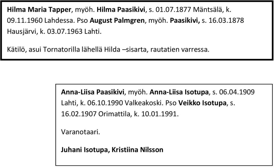 Marttayhdistyksen puheenjohtaja. Mies verurinkuljettaja. Anna-Liisa Paasikivi, myöh. Anna-Liisa Isotupa, s. 06.04.