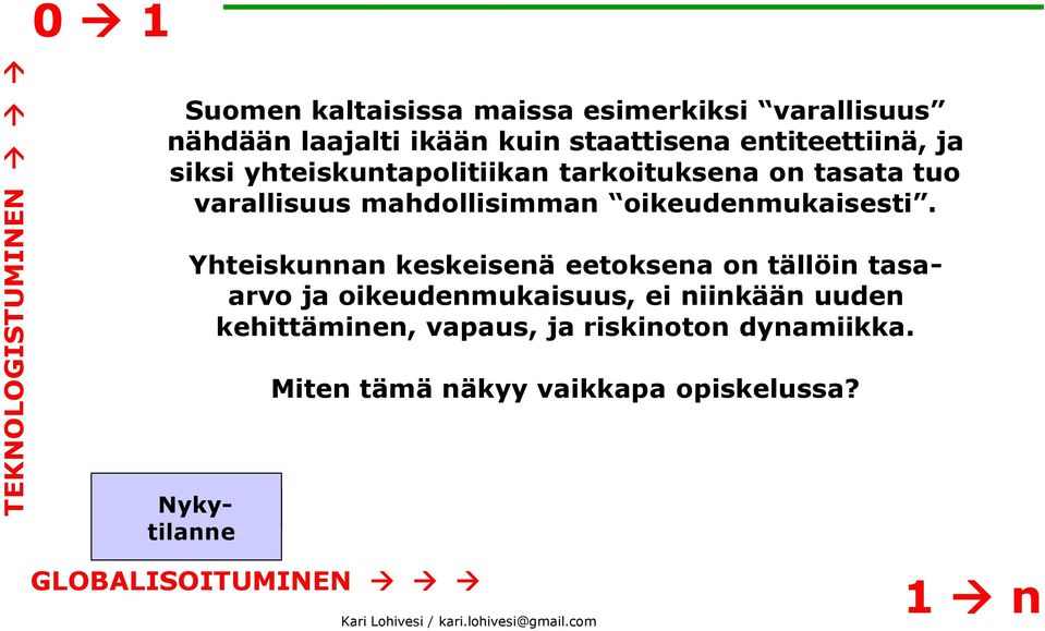 Yhteiskunnan keskeisenä eetoksena on tällöin tasaarvo ja oikeudenmukaisuus, ei niinkään uuden kehittäminen, vapaus, ja