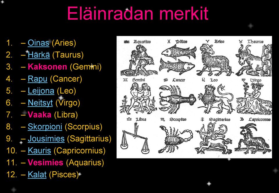 Neitsyt (Virgo) 7. Vaaka (Libra) 8. Skorpioni (Scorpius) 9.