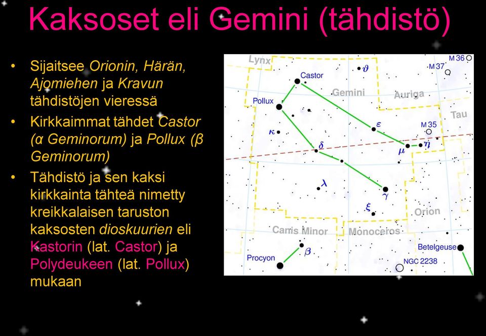 Geminorum) Tähdistö ja sen kaksi kirkkainta tähteä nimetty kreikkalaisen