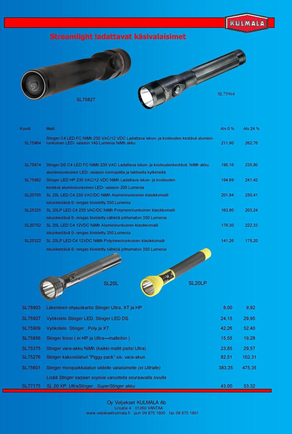 SL75982 Stinger LED HP 230 VAC/12 VDC NiMh Ladattava iskun- ja kosteuden 194,69 241,42 kestävä alumiinirunkoinen LED- valaisin 200 Lumenia SL20705 SL 20L LED C4 230 VAC/DC NiMh Alumiinirunkoinen