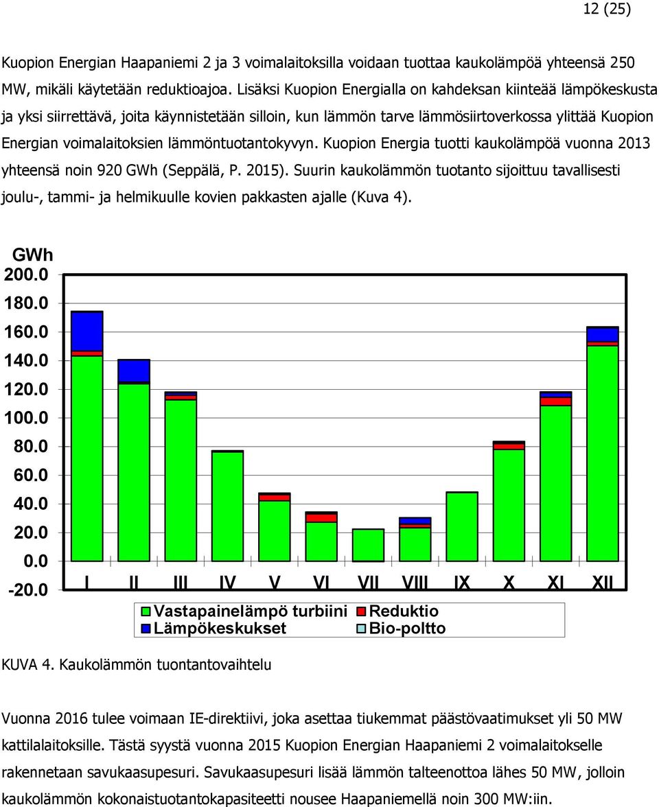 lämmöntuotantokyvyn. Kuopion Energia tuotti kaukolämpöä vuonna 2013 yhteensä noin 920 GWh (Seppälä, P. 2015).