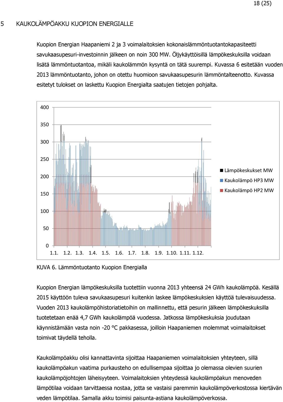 Kuvassa 6 esitetään vuoden 2013 lämmöntuotanto, johon on otettu huomioon savukaasupesurin lämmöntalteenotto. Kuvassa esitetyt tulokset on laskettu Kuopion Energialta saatujen tietojen pohjalta.