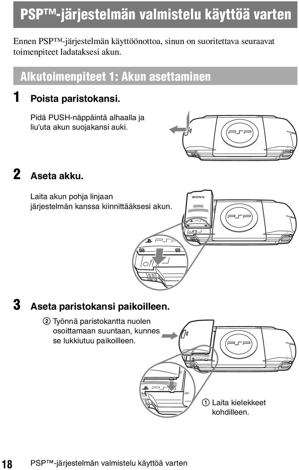 PUSH 2 Aseta akku. Laita akun pohja linjaan järjestelmän kanssa kiinnittääksesi akun. PUSH 3 Aseta paristokansi paikoilleen.