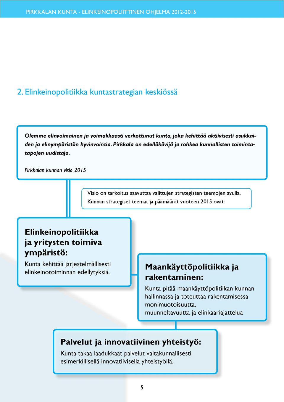 Kunnan strategiset teemat ja päämäärät vuoteen 2015 ovat: Elinkeinopolitiikka ja yritysten toimiva ympäristö: Kunta kehittää järjestelmällisesti elinkeinotoiminnan edellytyksiä.