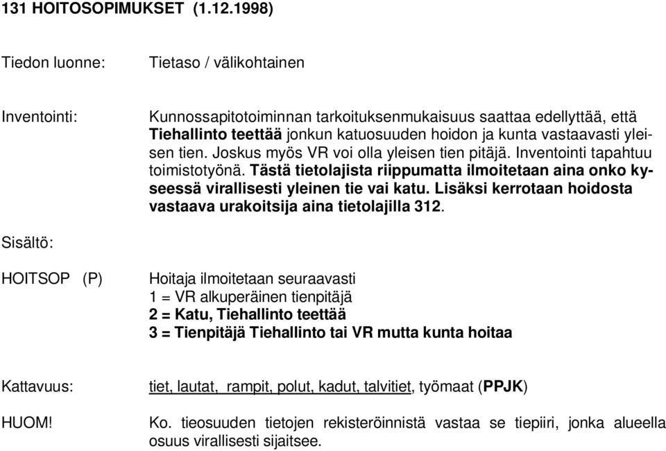 Joskus myös VR voi olla yleisen tien pitäjä. Inventointi tapahtuu toimistotyönä. Tästä tietolajista riippumatta ilmoitetaan aina onko kyseessä virallisesti yleinen tie vai katu.