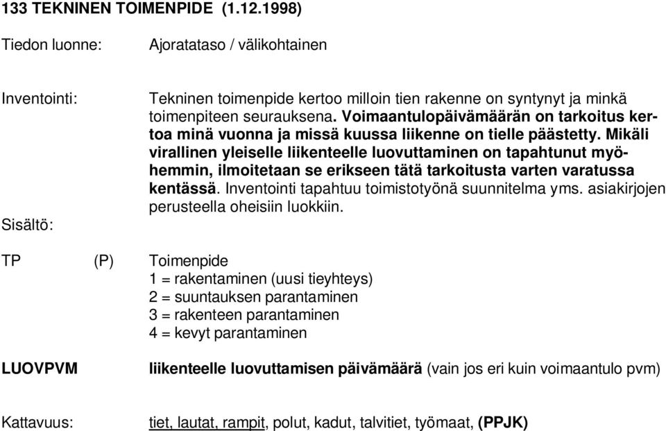 Mikäli virallinen yleiselle liikenteelle luovuttaminen on tapahtunut myöhemmin, ilmoitetaan se erikseen tätä tarkoitusta varten varatussa kentässä.