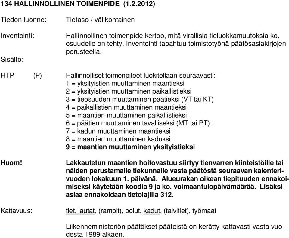 HTP (P) Hallinnolliset toimenpiteet luokitellaan seuraavasti: 1 = yksityistien muuttaminen maantieksi 2 = yksityistien muuttaminen paikallistieksi 3 = tieosuuden muuttaminen päätieksi (VT tai KT) 4 =