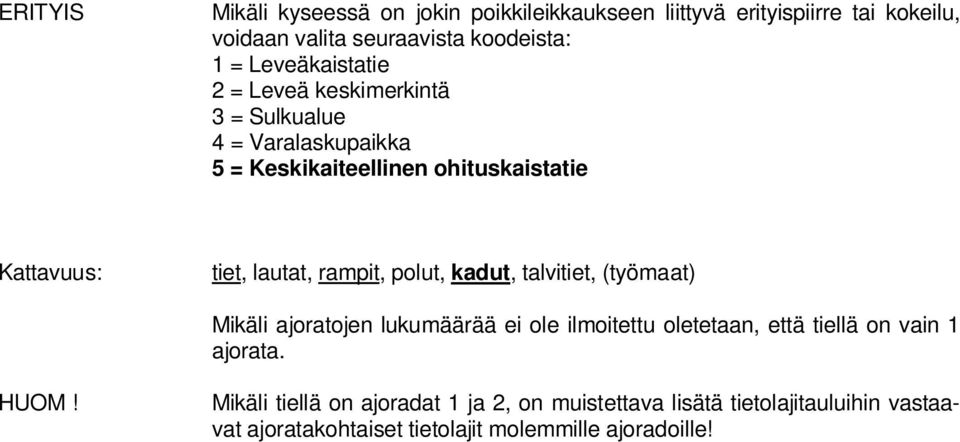 polut, kadut, talvitiet, (työmaat) Mikäli ajoratojen lukumäärää ei ole ilmoitettu oletetaan, että tiellä on vain 1 ajorata. HUOM!