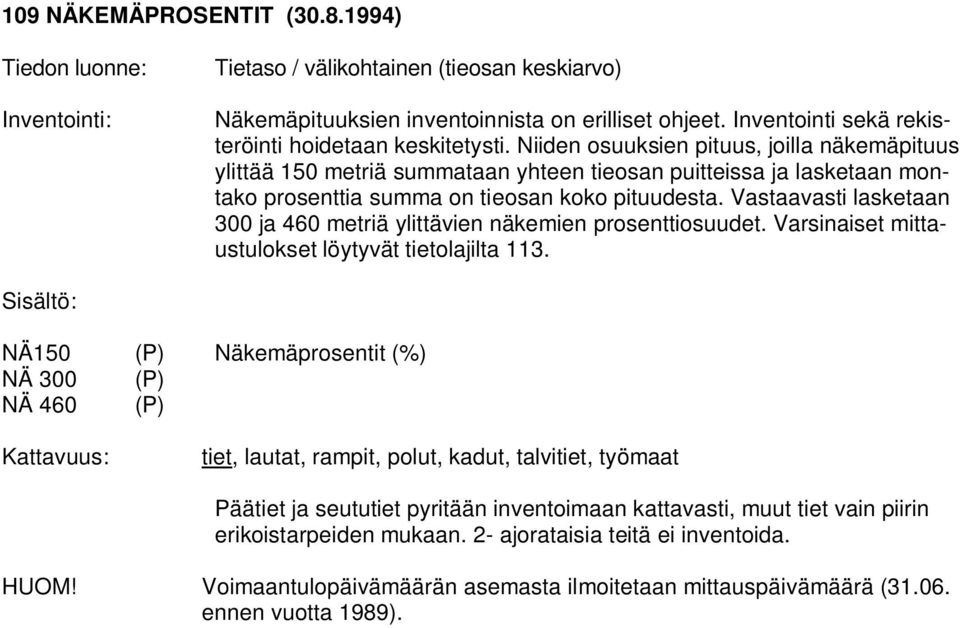 Vastaavasti lasketaan 300 ja 460 metriä ylittävien näkemien prosenttiosuudet. Varsinaiset mittaustulokset löytyvät tietolajilta 113.