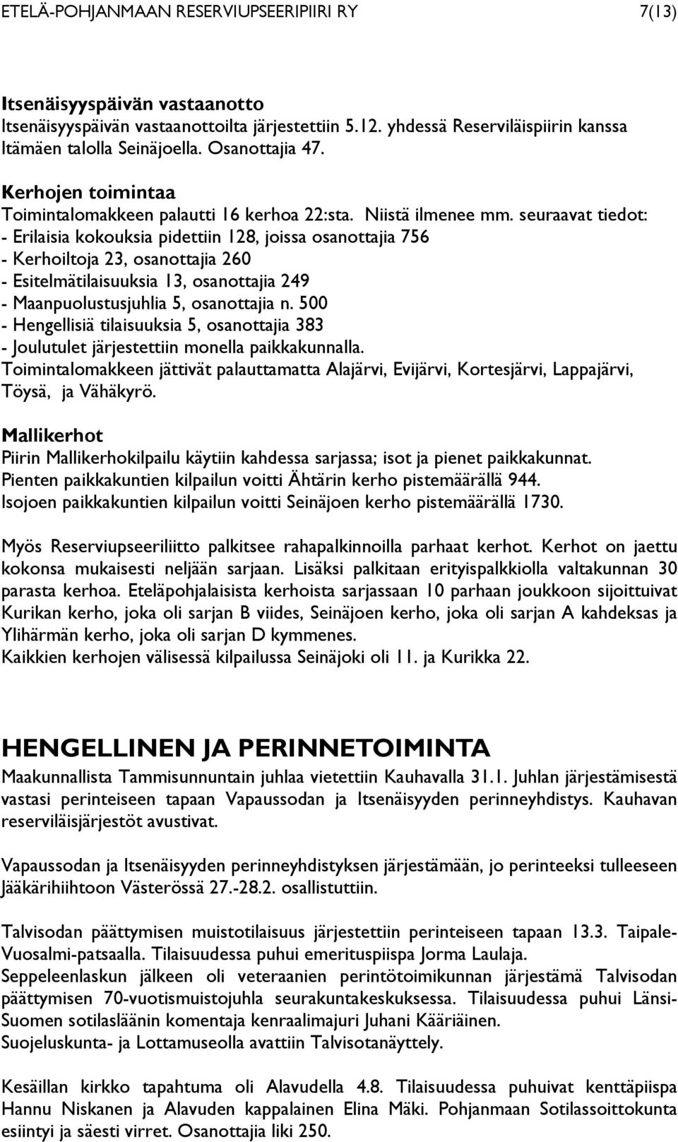seuraavat tiedot: - Erilaisia kokouksia pidettiin 128, joissa osanottajia 756 - Kerhoiltoja 23, osanottajia 260 - Esitelmätilaisuuksia 13, osanottajia 249 - Maanpuolustusjuhlia 5, osanottajia n.