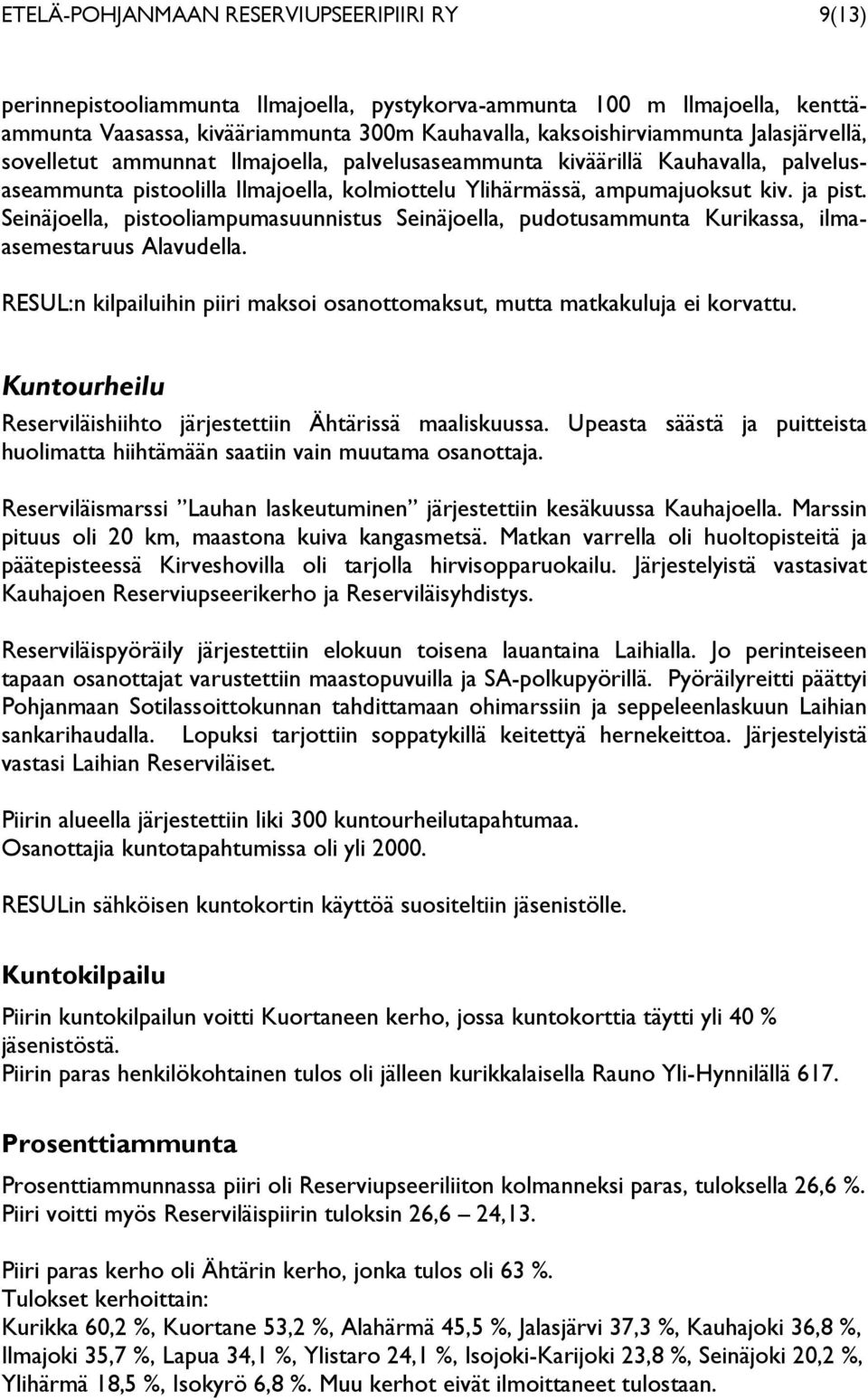 Seinäjoella, pistooliampumasuunnistus Seinäjoella, pudotusammunta Kurikassa, ilmaasemestaruus Alavudella. RESUL:n kilpailuihin piiri maksoi osanottomaksut, mutta matkakuluja ei korvattu.