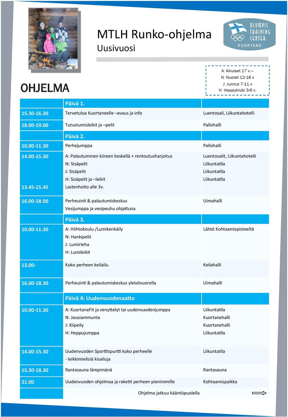 00 Perheuinti & palautumiskeskus Vesijumppa ja vesipeuhu ohjattuna Uimahalli Päivä 3. 10.00-11.30 A: Hiihtokoulu /Lumikenkäily N: Hankipelit J: Lumirieha H: Lumileikit Lähtö Kohtaamispisteeltä 13.