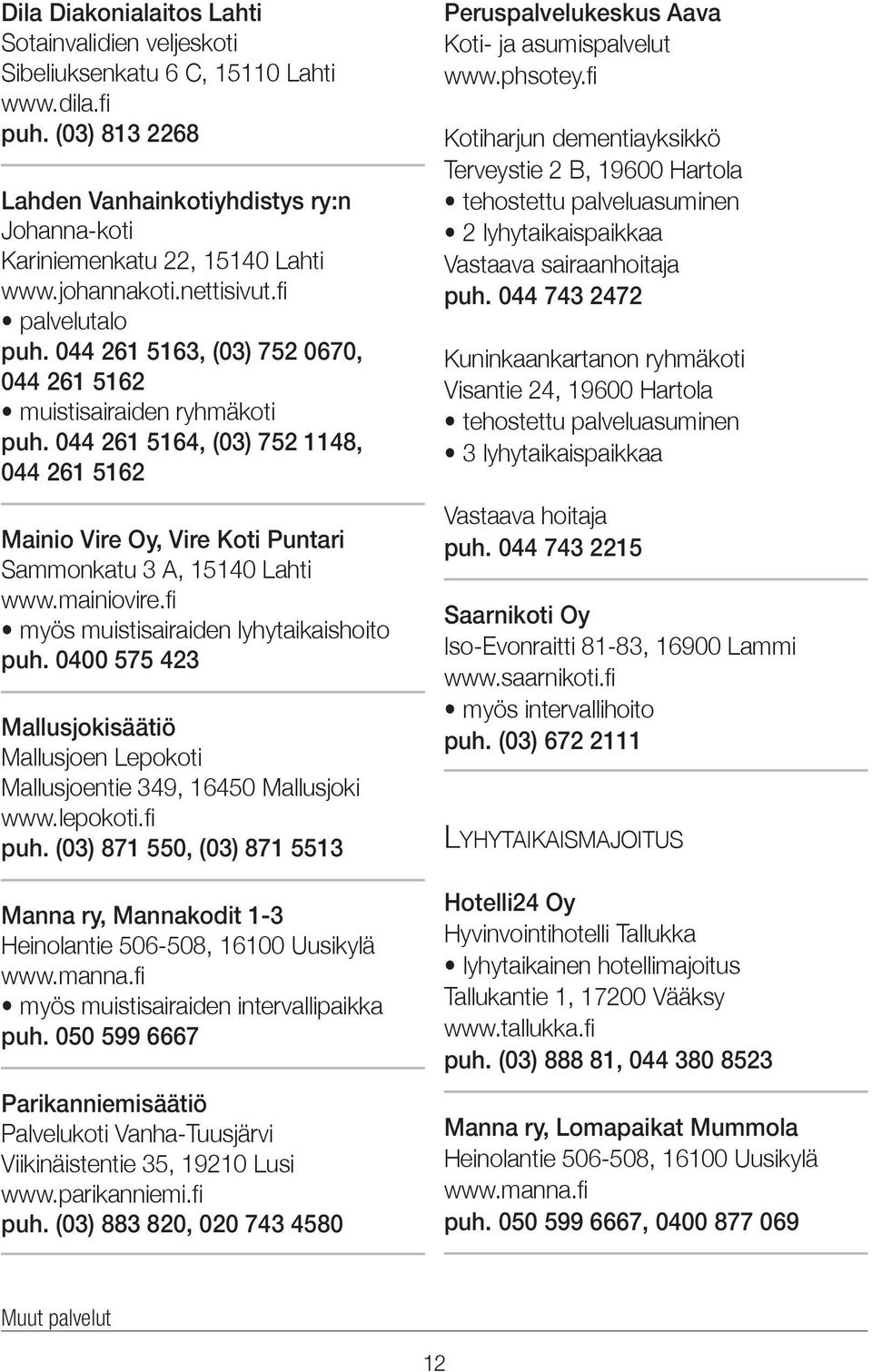 044 261 5164, (03) 752 1148, 044 261 5162 Mainio Vire Oy, Vire Koti Puntari Sammonkatu 3 A, 15140 Lahti www.mainiovire.fi myös muistisairaiden lyhytaikaishoito puh.