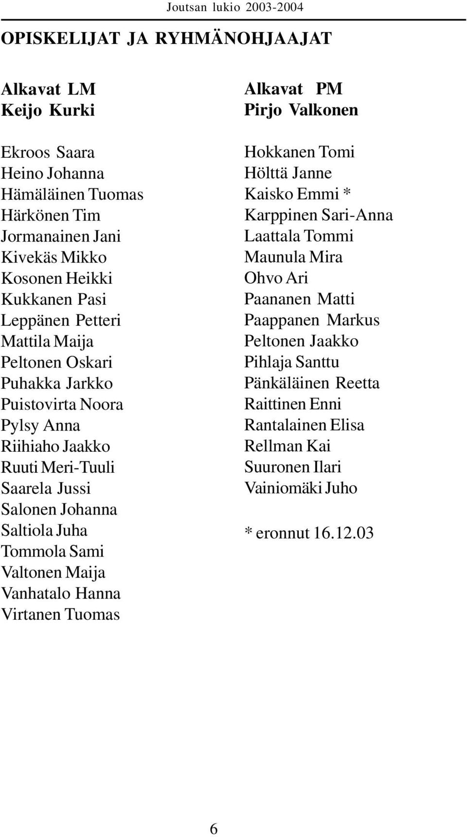 Sami Valtonen Maija Vanhatalo Hanna Virtanen Tuomas Alkavat PM Pirjo Valkonen Hokkanen Tomi Hölttä Janne Kaisko Emmi * Karppinen Sari-Anna Laattala Tommi Maunula Mira Ohvo Ari