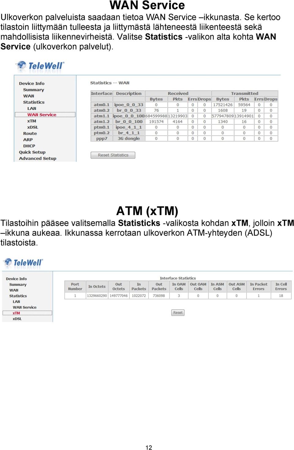 liikennevirheistä. Valitse Statistics -valikon alta kohta WAN Service (ulkoverkon palvelut).