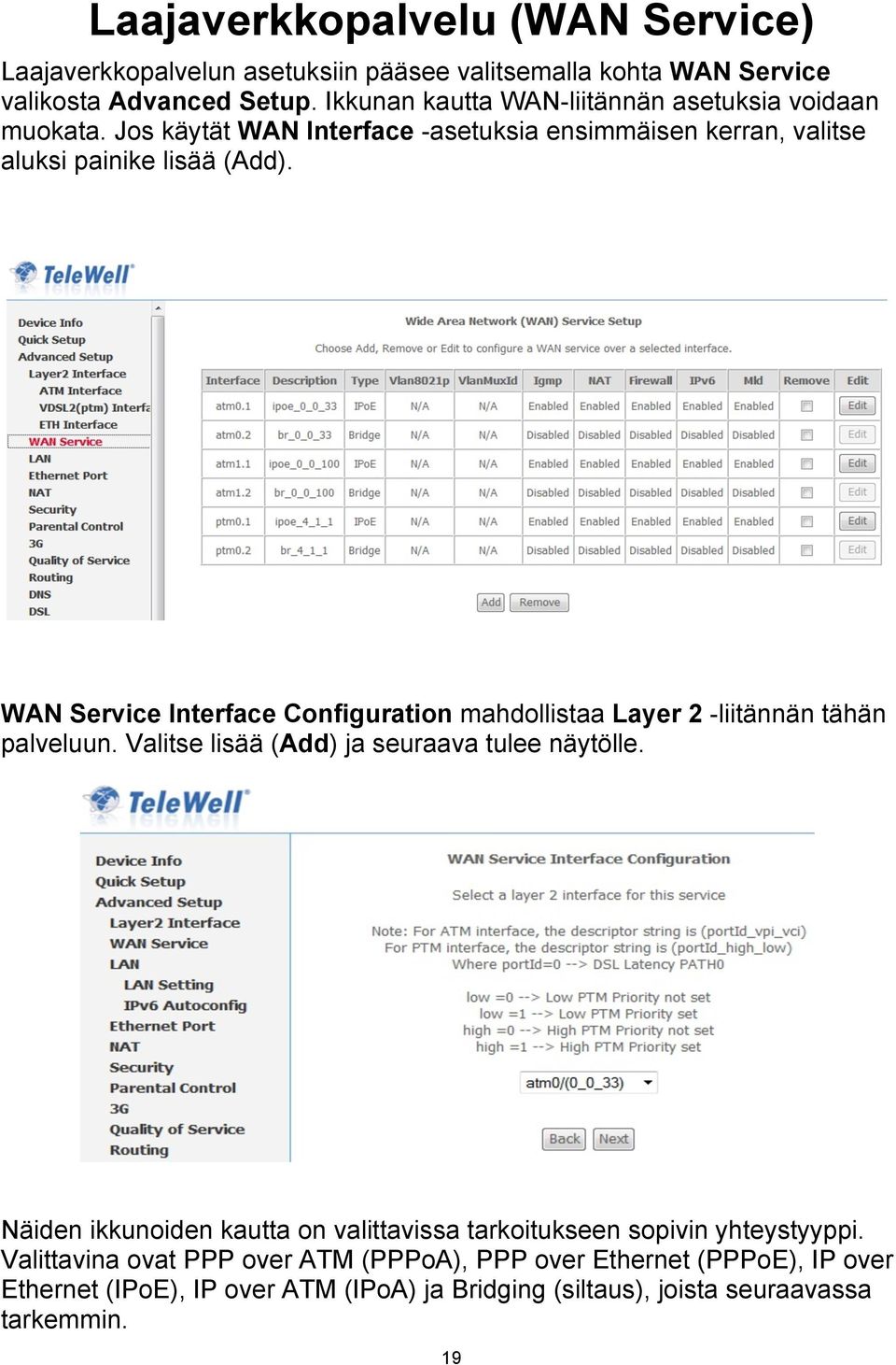 WAN Service Interface Configuration mahdollistaa Layer 2 -liitännän tähän palveluun. Valitse lisää (Add) ja seuraava tulee näytölle.