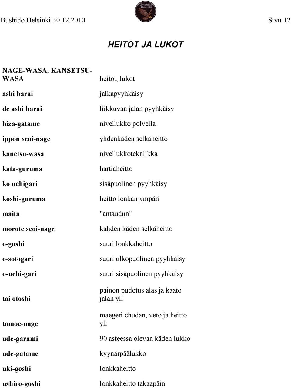 o-goshi o-sotogari o-uchi-gari tai otoshi tomoe-nage ude-garami ude-gatame uki-goshi ushiro-goshi heitot, lukot jalkapyyhkäisy liikkuvan jalan pyyhkäisy nivellukko polvella yhdenkäden