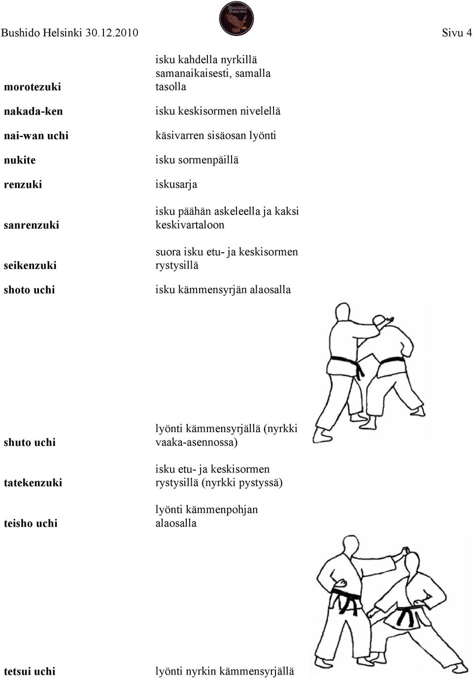 tasolla isku keskisormen nivelellä käsivarren sisäosan lyönti isku sormenpäillä iskusarja isku päähän askeleella ja kaksi keskivartaloon suora