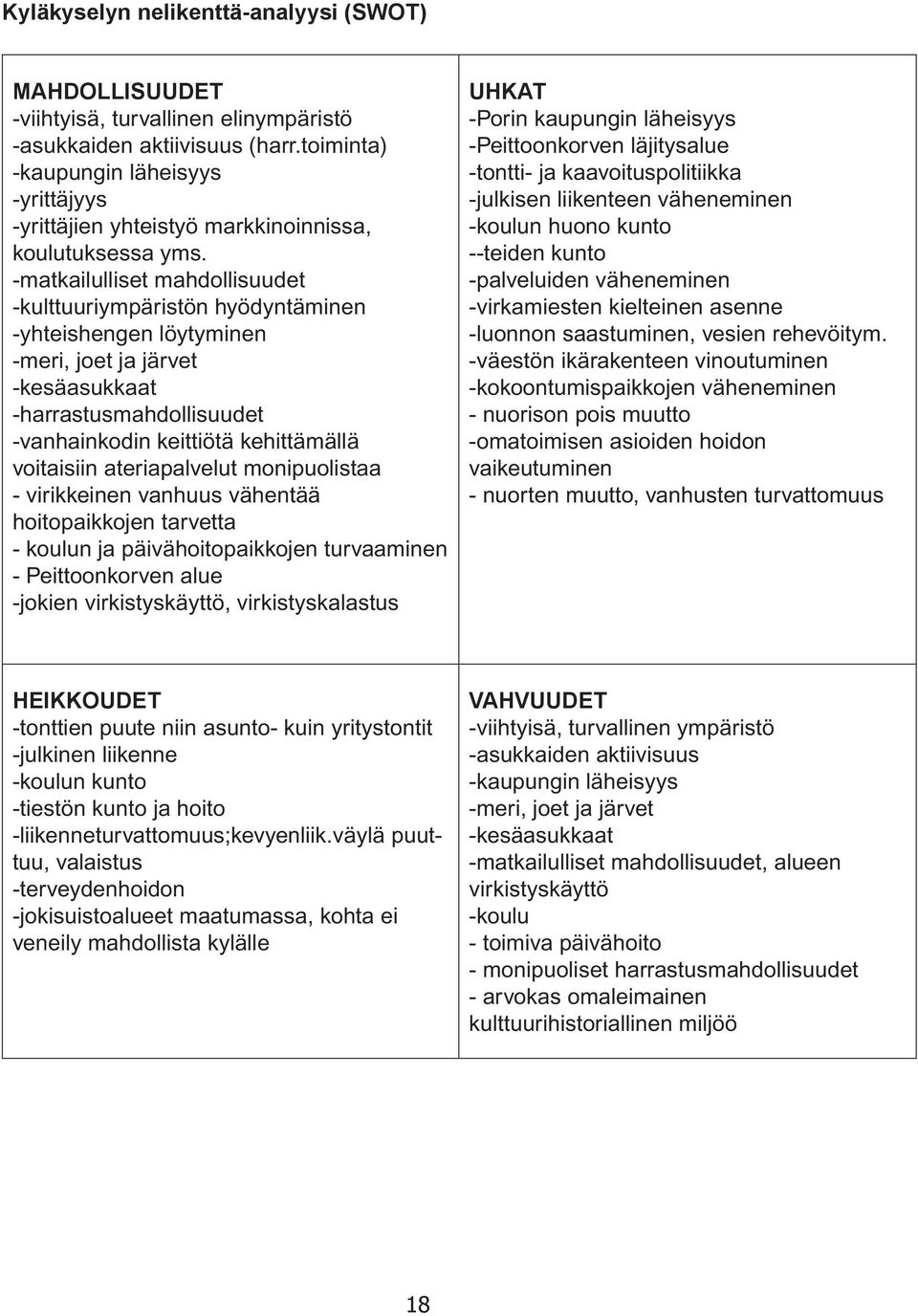 -matkailulliset mahdollisuudet -kulttuuriympäristön hyödyntäminen -yhteishengen löytyminen -meri, joet ja järvet -kesäasukkaat -harrastusmahdollisuudet -vanhainkodin keittiötä kehittämällä voitaisiin