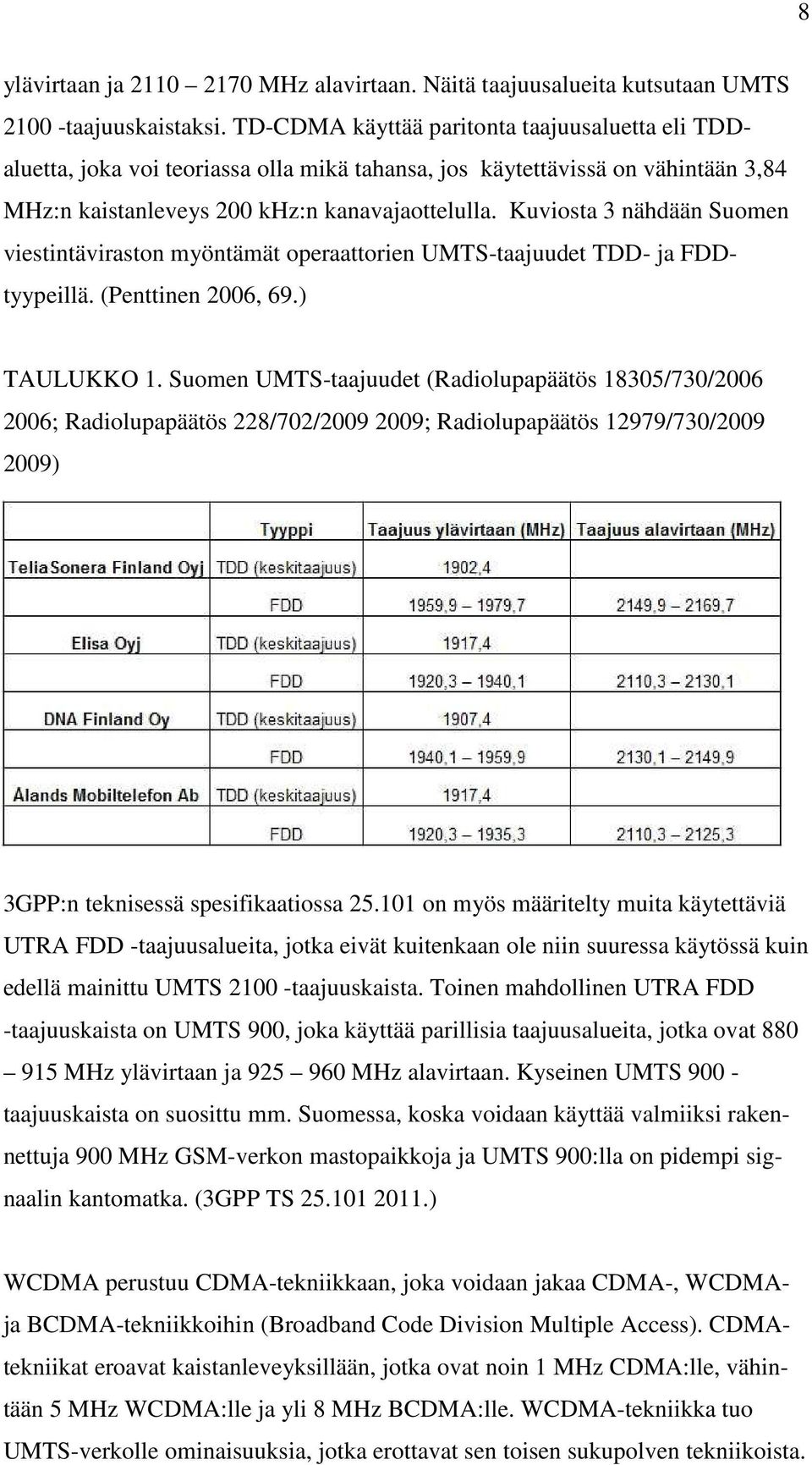Kuviosta 3 nähdään Suomen viestintäviraston myöntämät operaattorien UMTS-taajuudet TDD- ja FDDtyypeillä. (Penttinen 2006, 69.) TAULUKKO 1.