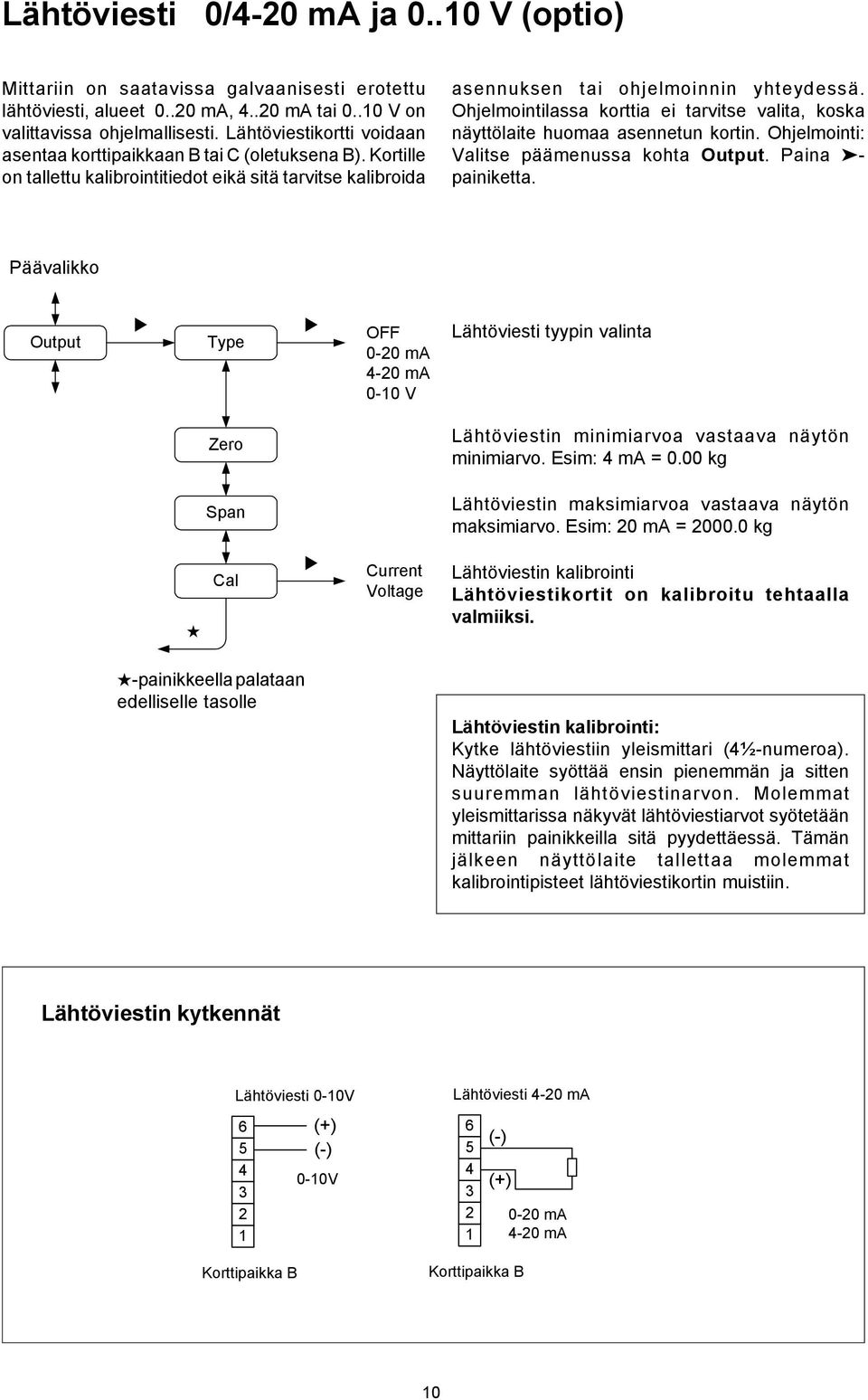 Ohjelmointilassa korttia ei tarvitse valita, koska näyttölaite huomaa asennetun kortin. Ohjelmointi: Valitse päämenussa kohta Output. Paina - painiketta.